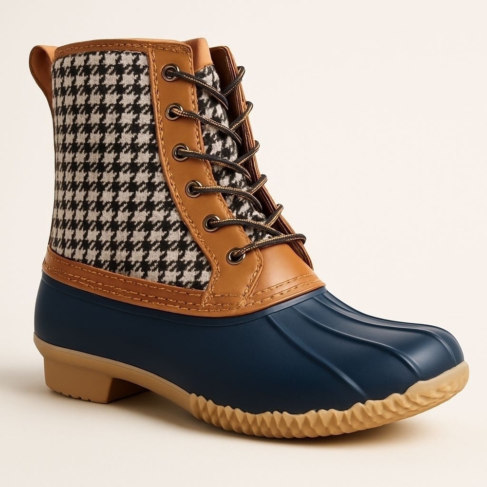 Lands’ End Women’s Duck Boots – Size 7 – Houndstooth Brown & Navy – Sherpa Lined